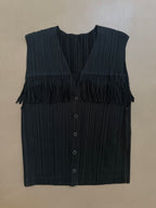 Issey Miyake Pleats Please SS99 Black Fringe Yoke Button Top - M (3)