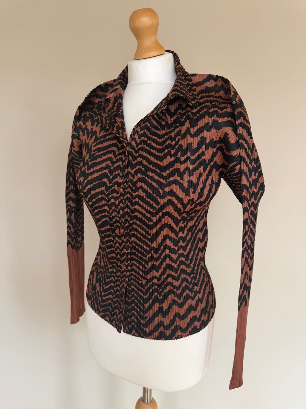 Issey Miyake Pleats Please AW98 Brown Zigzag Tiger Striped Button Down Shirt - M (3)