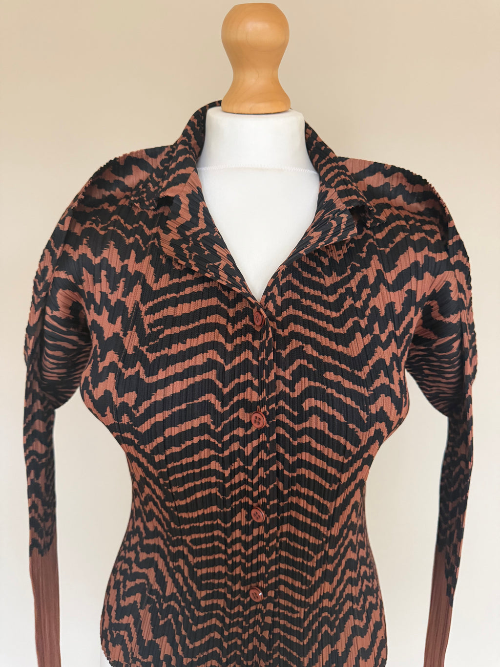 Issey Miyake Pleats Please AW98 Brown Zigzag Tiger Striped Button Down Shirt - M (3)