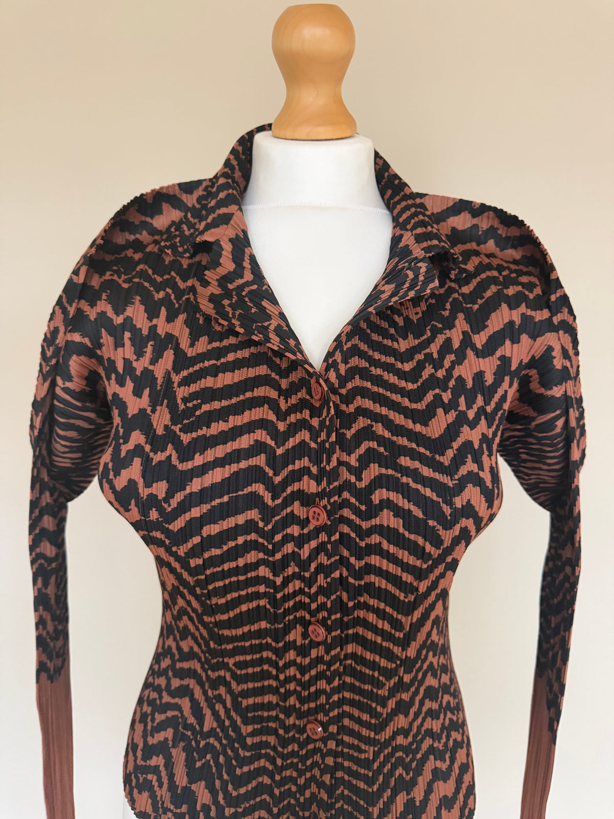 Issey Miyake Pleats Please AW98 Brown Zigzag Tiger Striped Button Down Shirt - M (3)