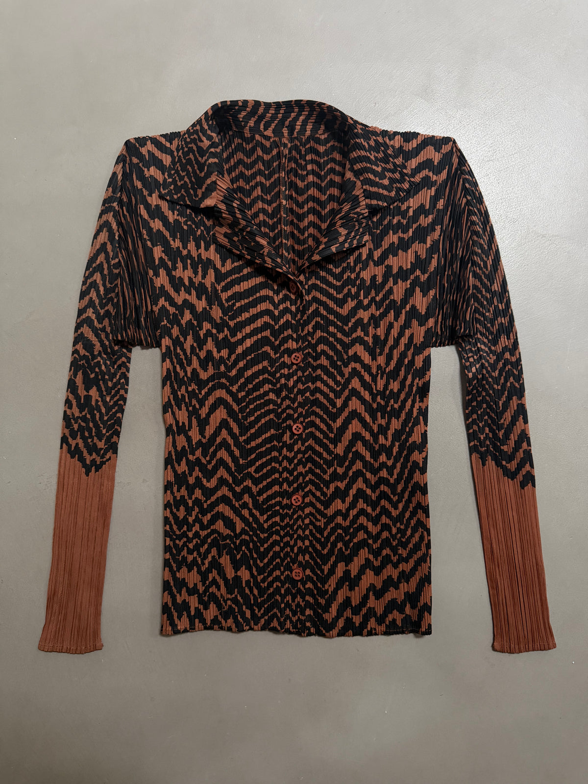 Issey Miyake Pleats Please AW98 Brown Zigzag Tiger Striped Button Down Shirt - M (3)