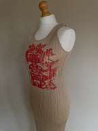 Issey Miyake Pleats Please AW98 Sleeveless Tank Dress with Asian Folk Art Graphic - M (3)