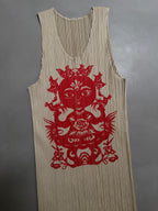 Issey Miyake Pleats Please AW98 Sleeveless Tank Dress with Asian Folk Art Graphic - M (3)