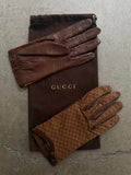 Gucci Tom Ford Vintage Brown Leather & Suede Micro GG Canvas Silk Lined Gloves with Buckle Accent - XS