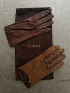 Gucci Tom Ford Vintage Brown Leather & Suede Micro GG Canvas Silk Lined Gloves with Buckle Accent - XS