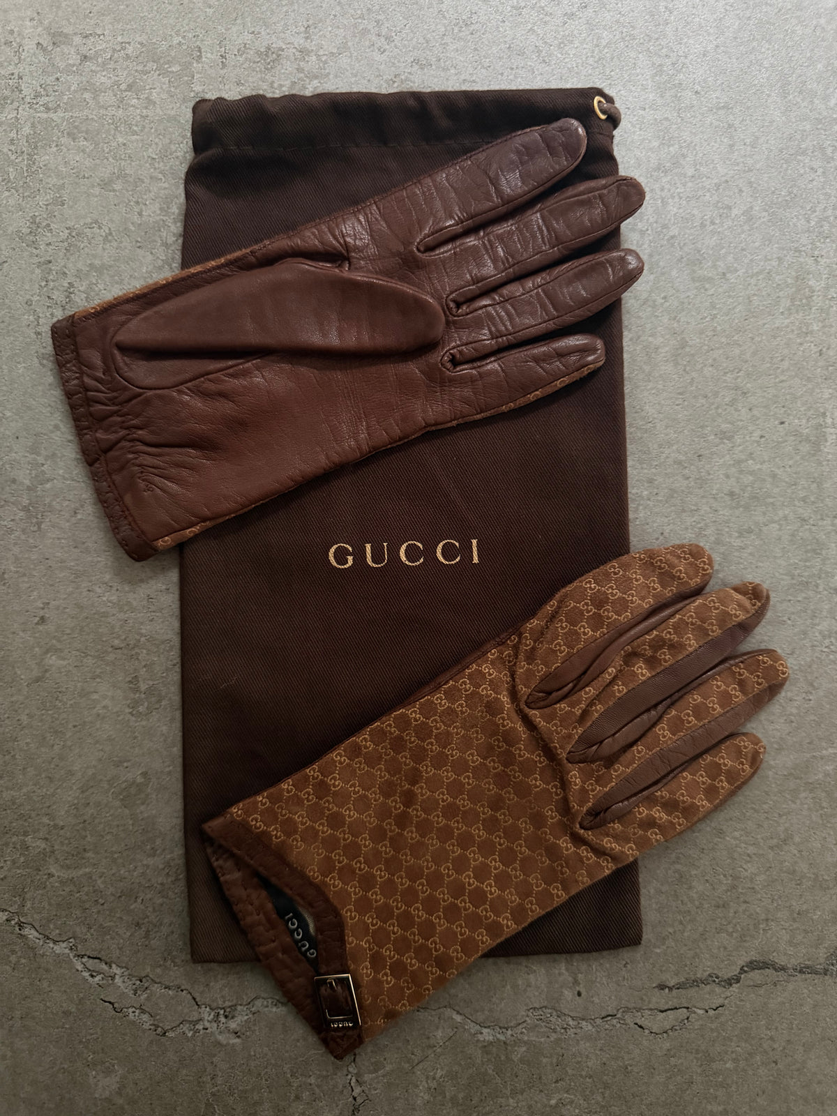 Gucci Tom Ford Vintage Brown Leather & Suede Micro GG Canvas Silk Lined Gloves with Buckle Accent - XS