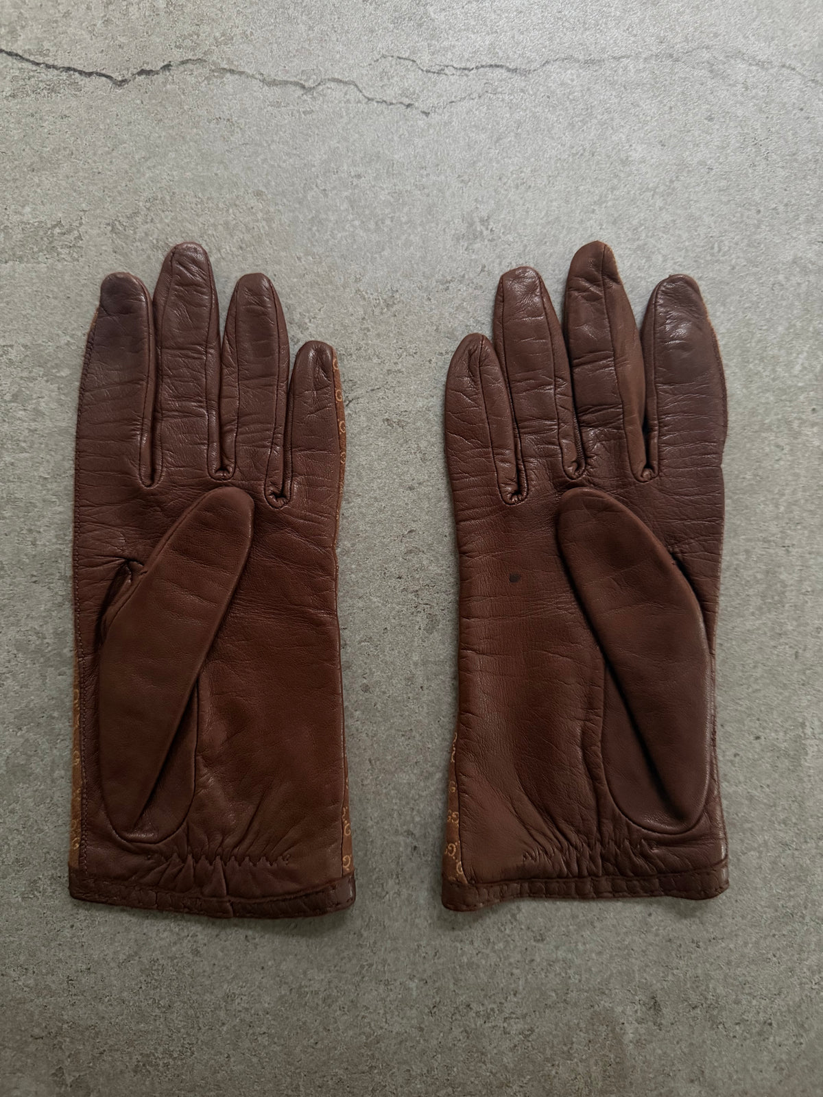 Gucci Tom Ford Vintage Brown Leather & Suede Micro GG Canvas Silk Lined Gloves with Buckle Accent - XS