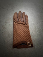 Gucci Tom Ford Vintage Brown Leather & Suede Micro GG Canvas Silk Lined Gloves with Buckle Accent - XS