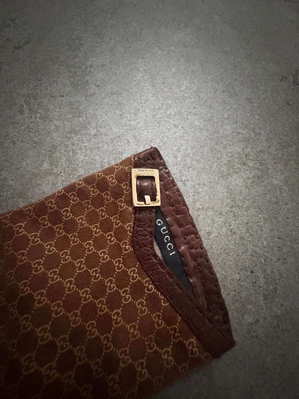 Gucci Tom Ford Vintage Brown Leather & Suede Micro GG Canvas Silk Lined Gloves with Buckle Accent - XS