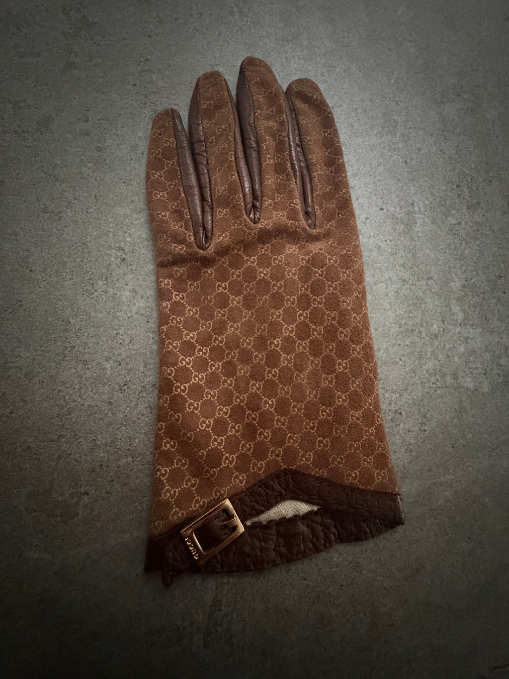 Gucci Tom Ford Vintage Brown Leather & Suede Micro GG Canvas Silk Lined Gloves with Buckle Accent - XS