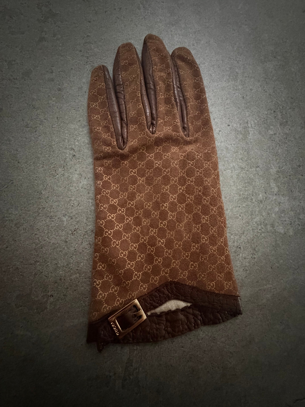 Gucci Tom Ford Vintage Brown Leather & Suede Micro GG Canvas Silk Lined Gloves with Buckle Accent - XS