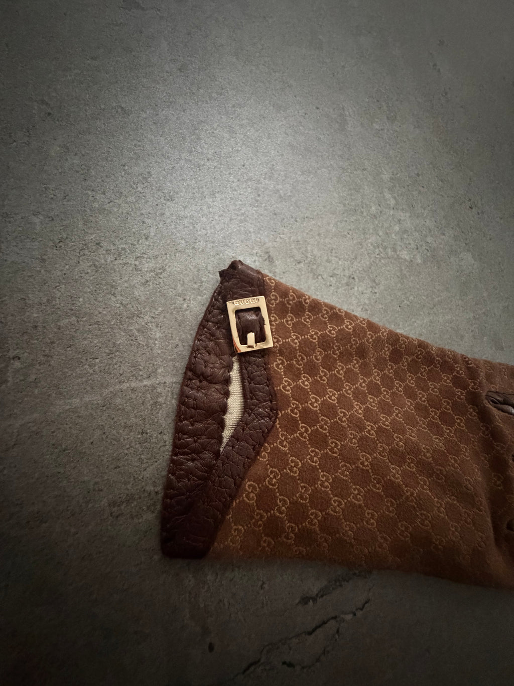 Gucci Tom Ford Vintage Brown Leather & Suede Micro GG Canvas Silk Lined Gloves with Buckle Accent - XS