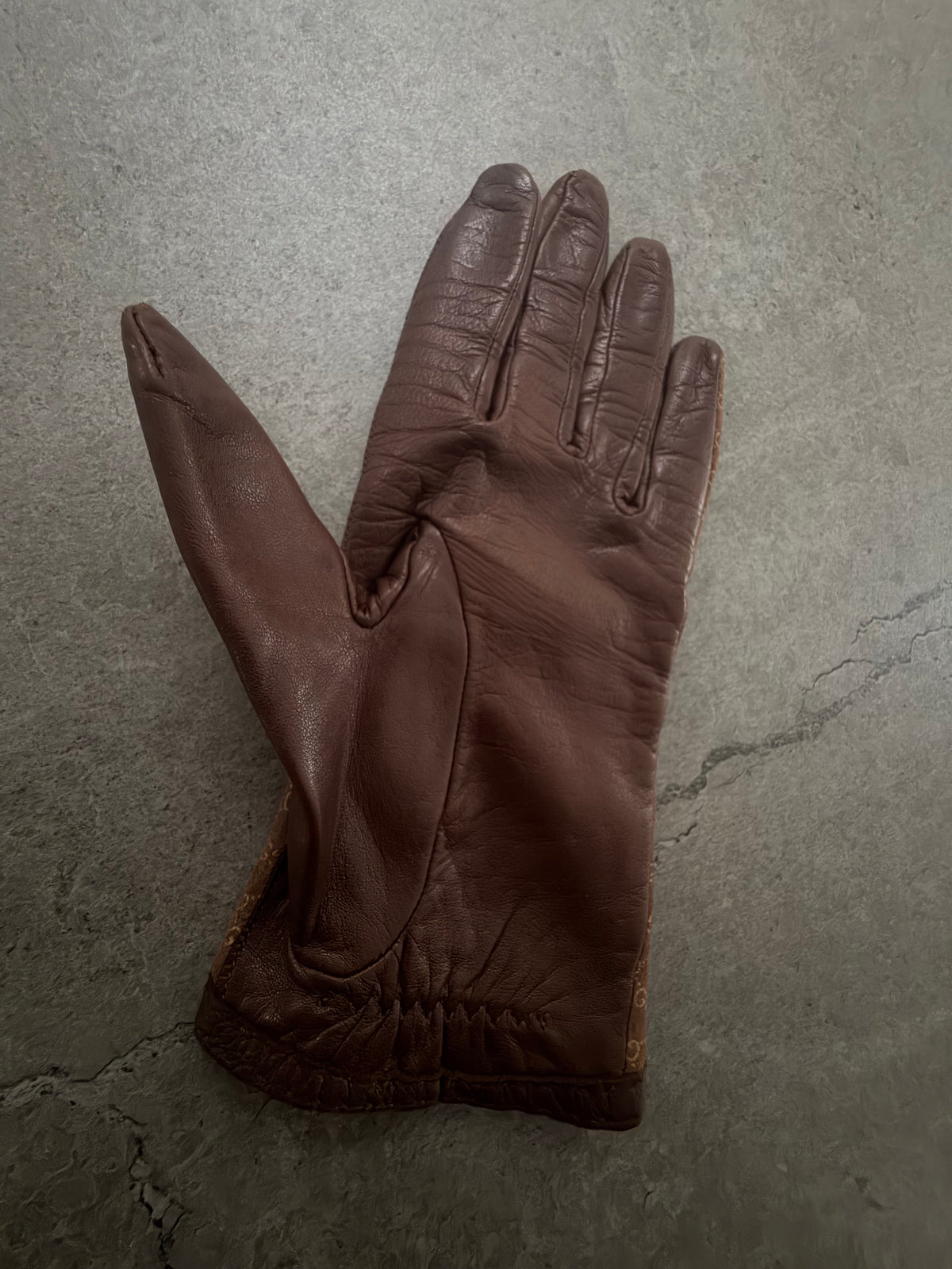 Gucci Tom Ford Vintage Brown Leather & Suede Micro GG Canvas Silk Lined Gloves with Buckle Accent - XS