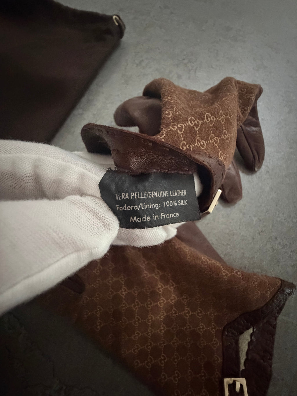 Gucci Tom Ford Vintage Brown Leather & Suede Micro GG Canvas Silk Lined Gloves with Buckle Accent - XS