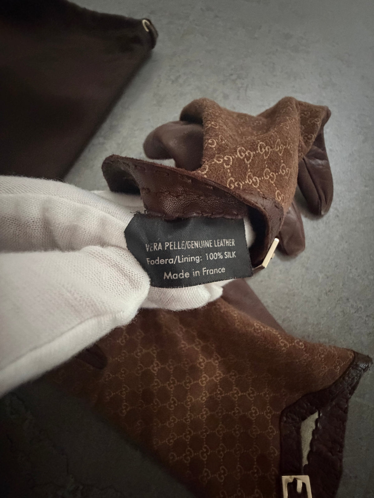 Gucci Tom Ford Vintage Brown Leather & Suede Micro GG Canvas Silk Lined Gloves with Buckle Accent - XS