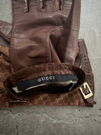 Gucci Tom Ford Vintage Brown Leather & Suede Micro GG Canvas Silk Lined Gloves with Buckle Accent - XS