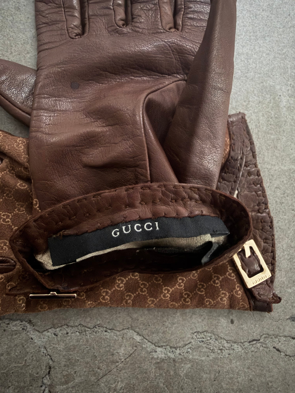 Gucci Tom Ford Vintage Brown Leather & Suede Micro GG Canvas Silk Lined Gloves with Buckle Accent - XS